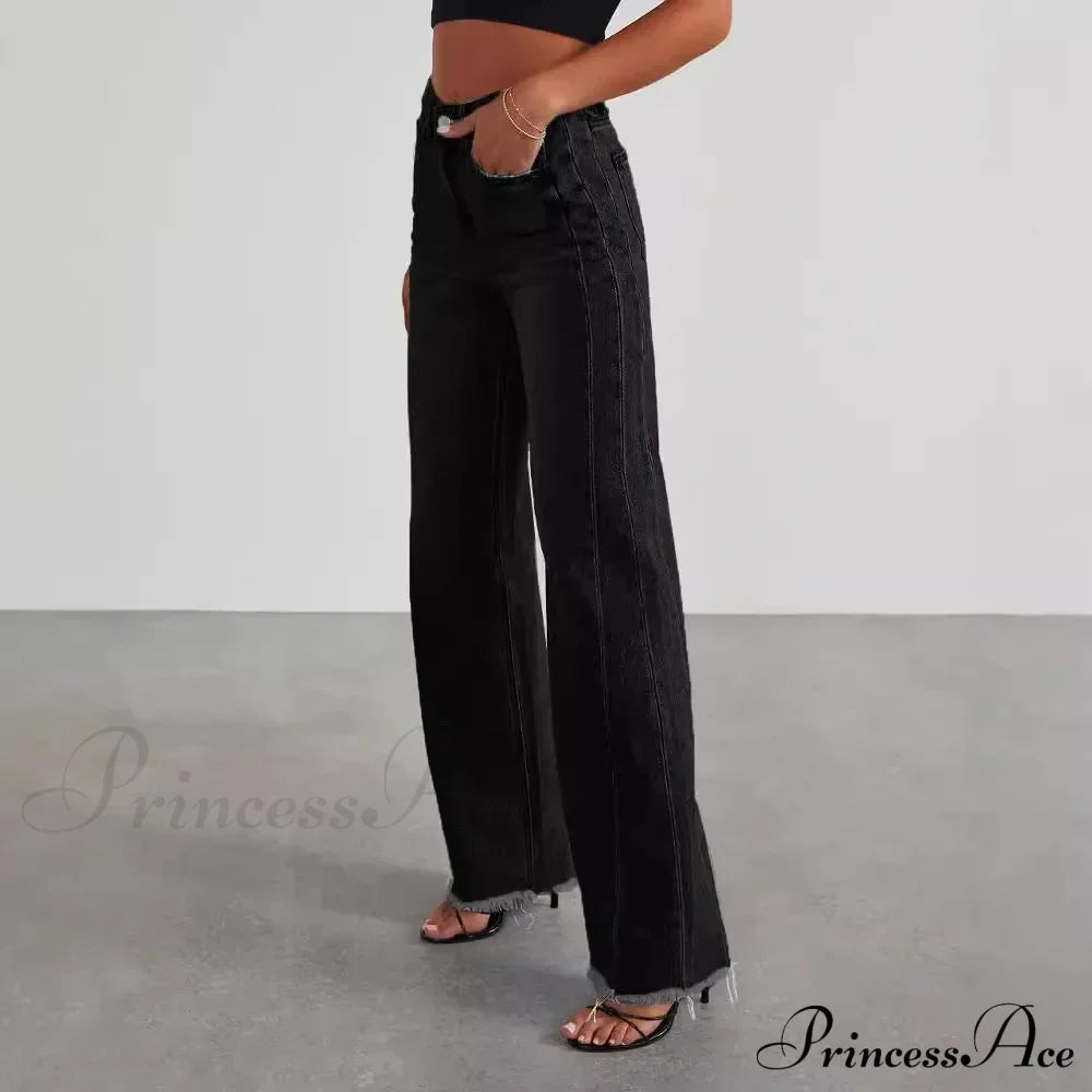 Women’s Denim High Waist Fashion Wide Leg Pants Trousers Autumn Tide Straight De Mujer Frayed Hem