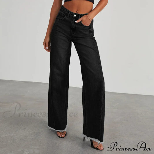 Women’s Denim High Waist Fashion Wide Leg Pants Trousers Autumn Tide Straight De Mujer Frayed Hem