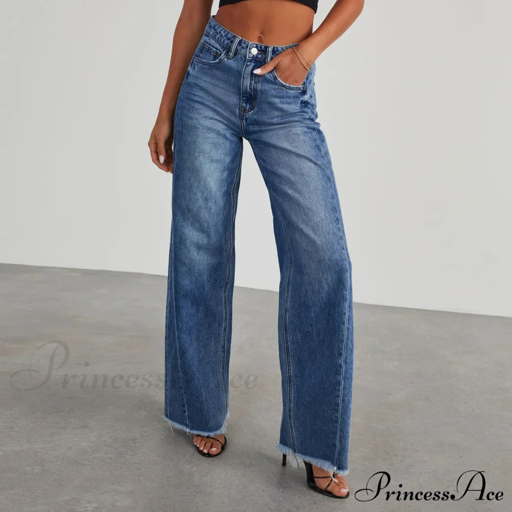 Women’s Denim High Waist Fashion Wide Leg Pants Trousers Autumn Tide Straight De Mujer Frayed Hem