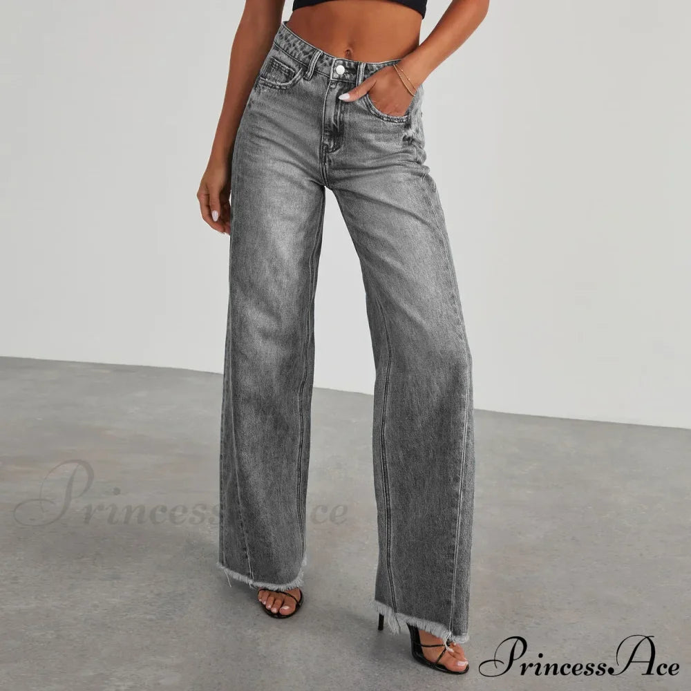 Women’s Denim High Waist Fashion Wide Leg Pants Trousers Autumn Tide Straight De Mujer Frayed Hem