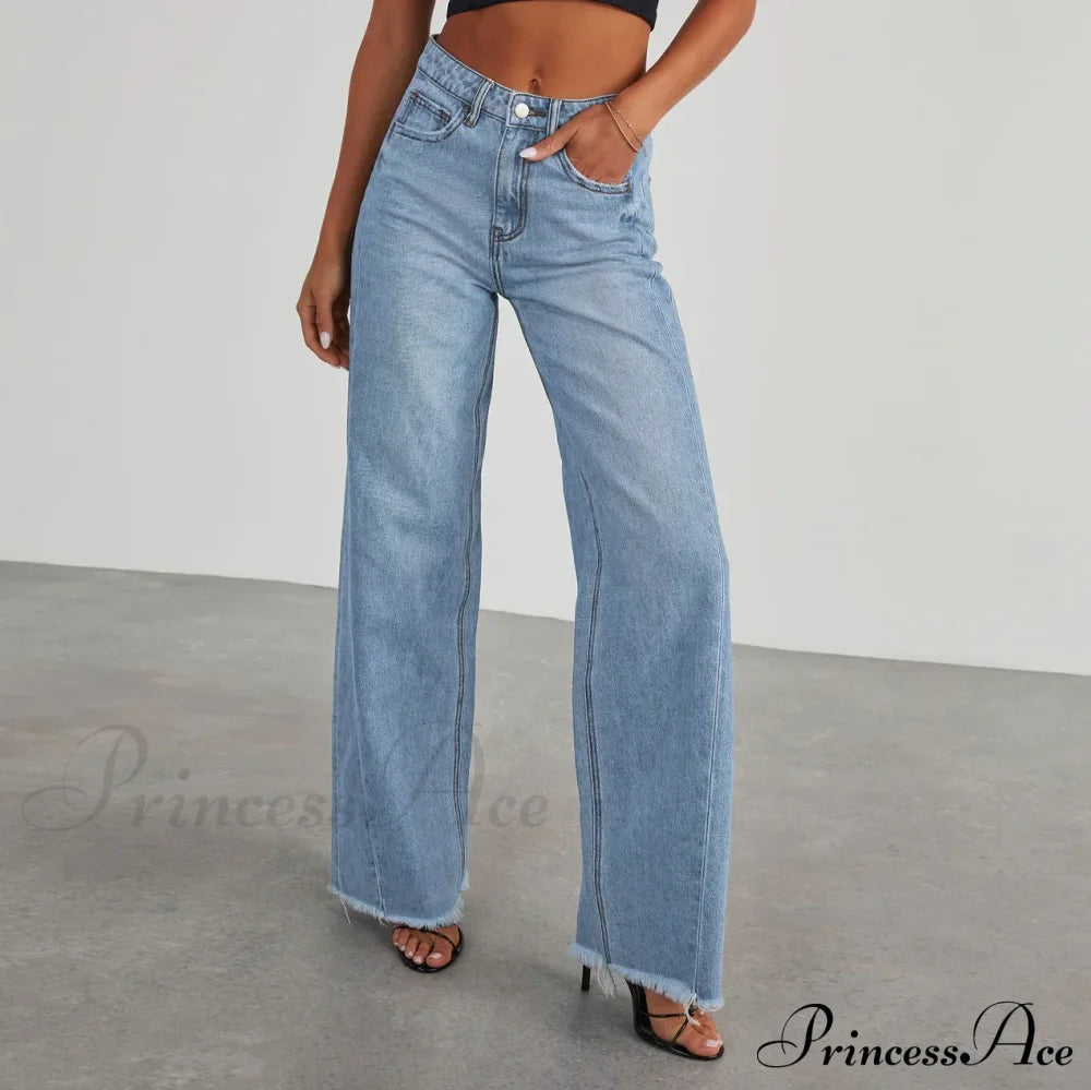 Women’s Denim High Waist Fashion Wide Leg Pants Trousers Autumn Tide Straight De Mujer Frayed Hem