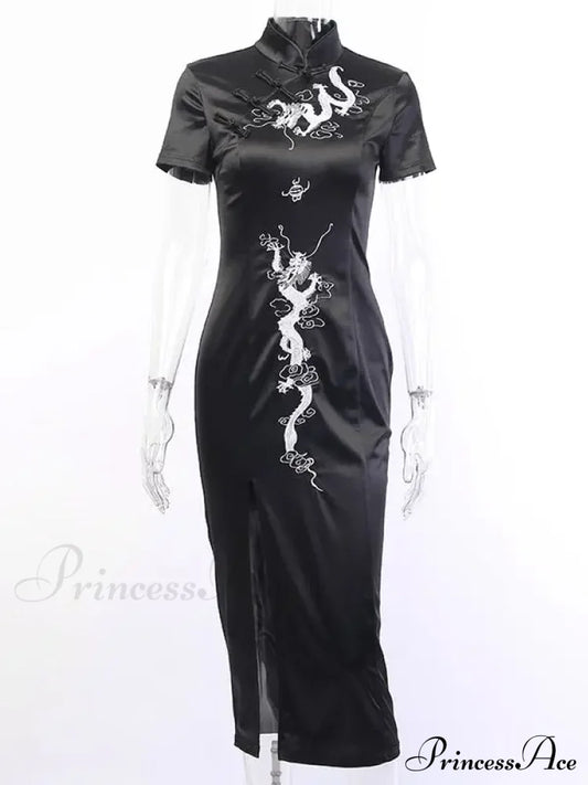 Women’s Embroidery Dragon Qipao Cheongsam Retro Side Slit Stand Collar Evening Dress Black / S