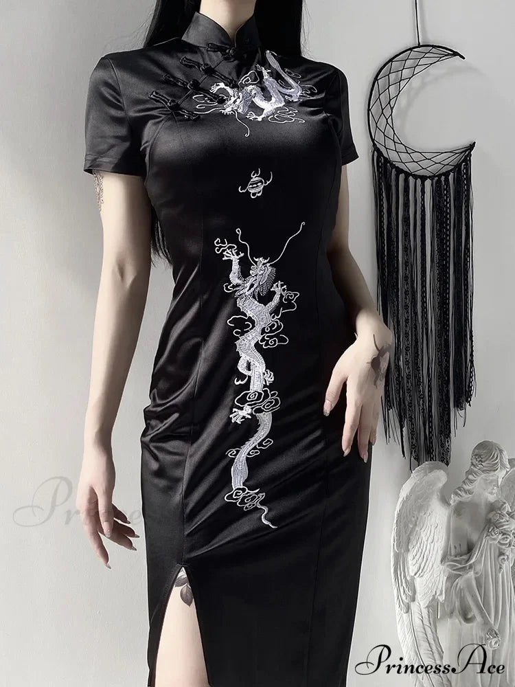 Women’s Embroidery Dragon Qipao Cheongsam Retro Side Slit Stand Collar Evening Dress Halloween