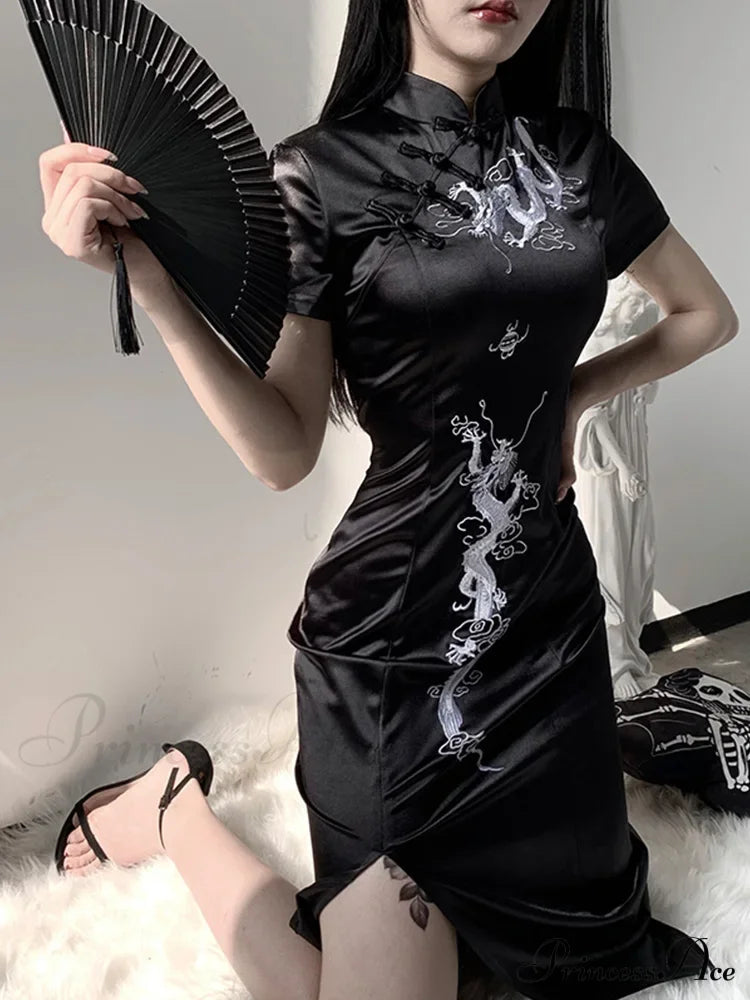 Women’s Embroidery Dragon Qipao Cheongsam Retro Side Slit Stand Collar Evening Dress Halloween