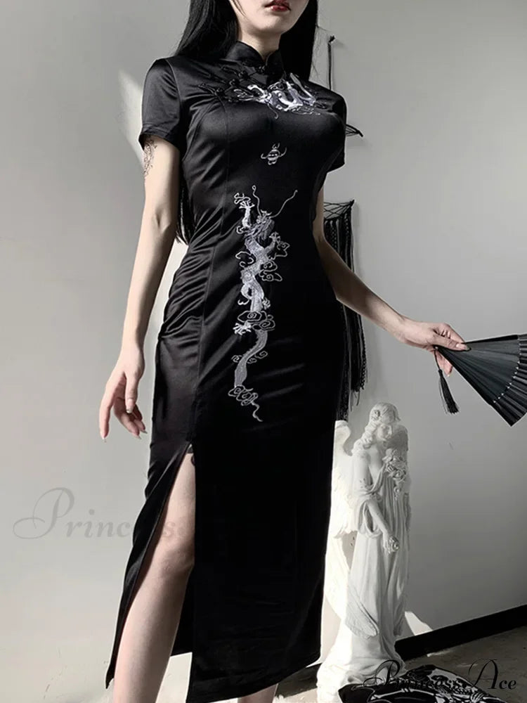 Women’s Embroidery Dragon Qipao Cheongsam Retro Side Slit Stand Collar Evening Dress Halloween