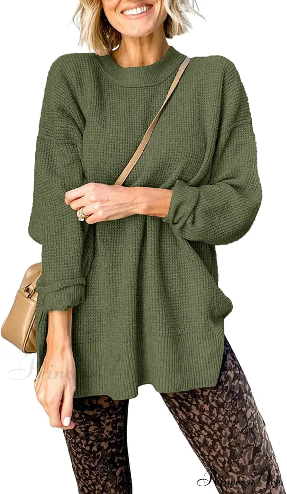 Womens Fall Sweater Crew Neck Long Sleeve Pullover Sweaters Army Green / X-Large Sweaters-L