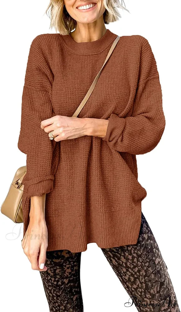 Womens Fall Sweater Crew Neck Long Sleeve Pullover Sweaters Brown / Medium Sweaters-L