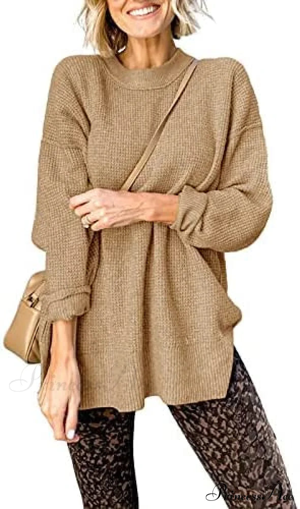 Womens Fall Sweater Crew Neck Long Sleeve Pullover Sweaters Khaki / Medium Sweaters-L