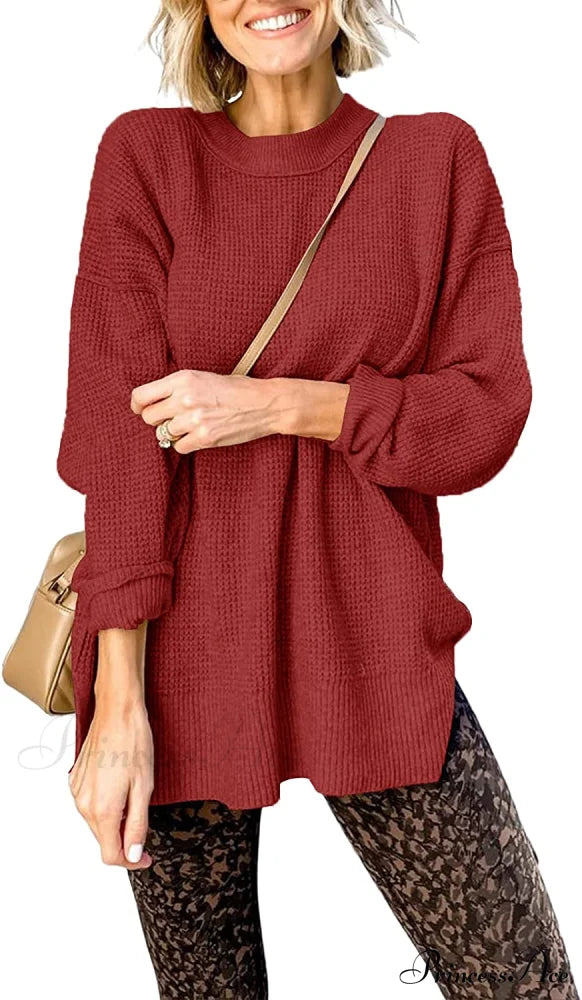 Womens Fall Sweater Crew Neck Long Sleeve Pullover Sweaters Red Wine / X-Large Sweaters-L