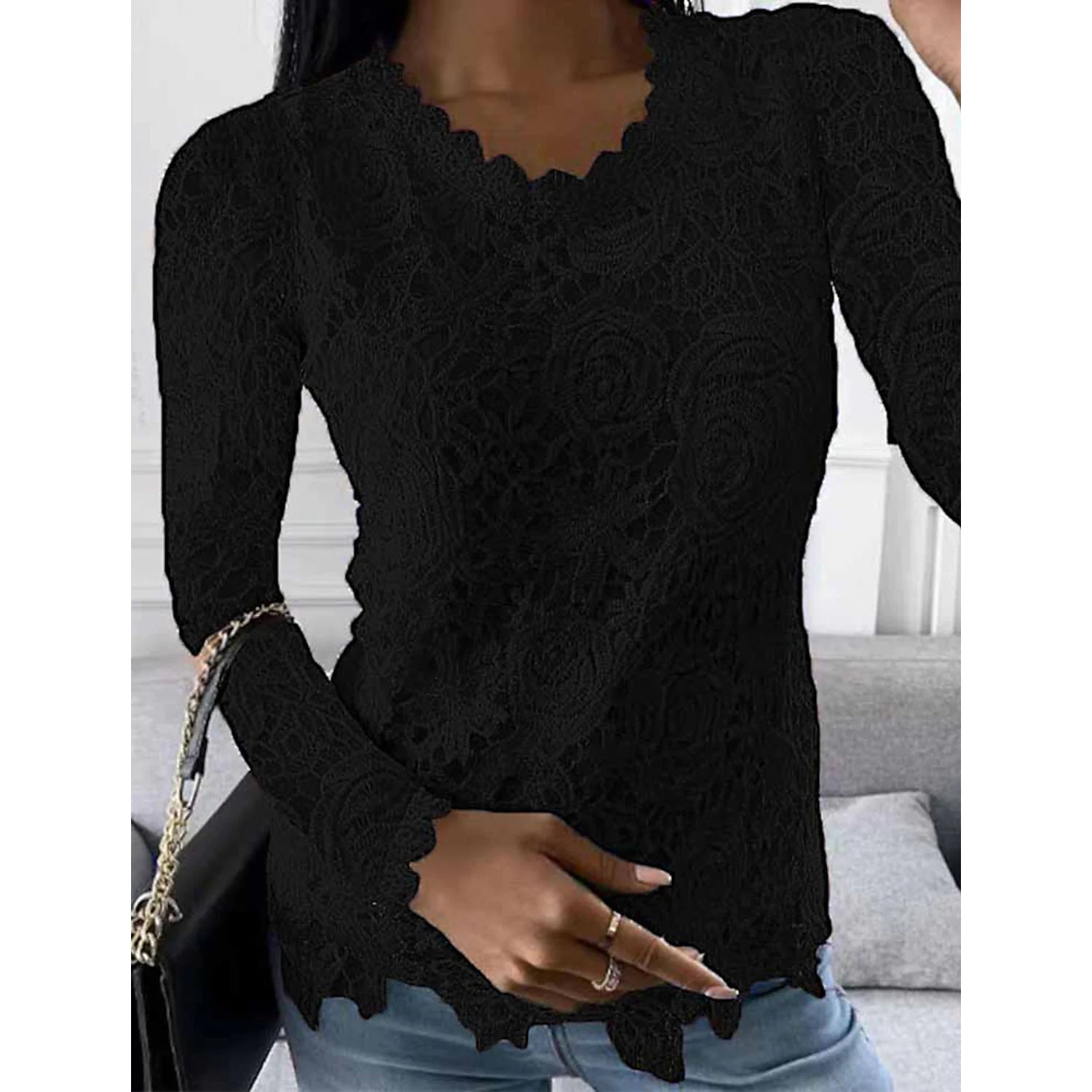 Women's Floral Lace Long Sleeve Blouse Shirt Black __stock:200 clothes refund_fee:1200 tops