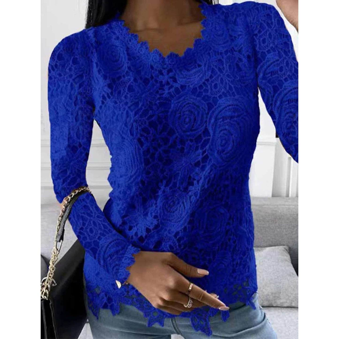 Women's Floral Lace Long Sleeve Blouse Shirt Blue __stock:200 clothes refund_fee:1200 tops