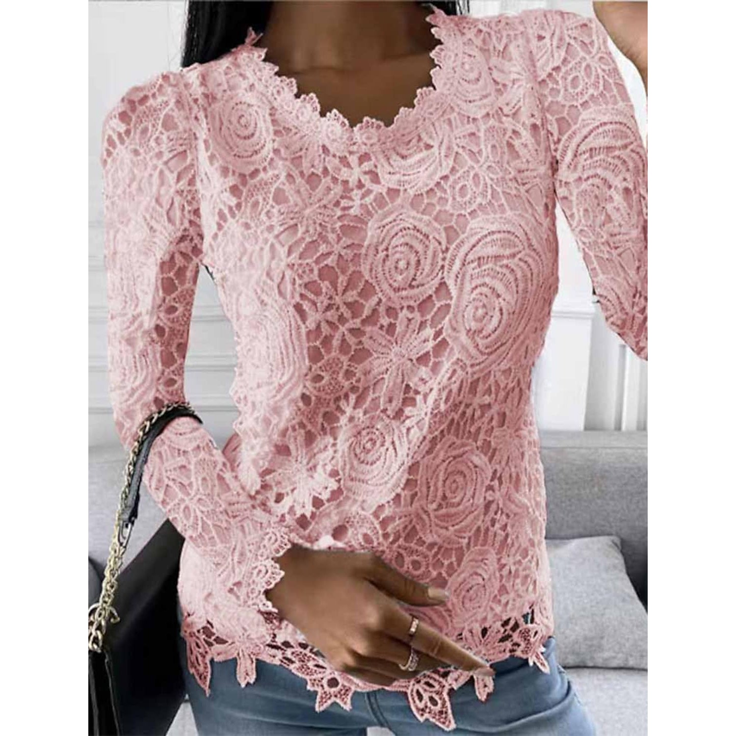 Women's Floral Lace Long Sleeve Blouse Shirt Pink __stock:200 clothes refund_fee:1200 tops