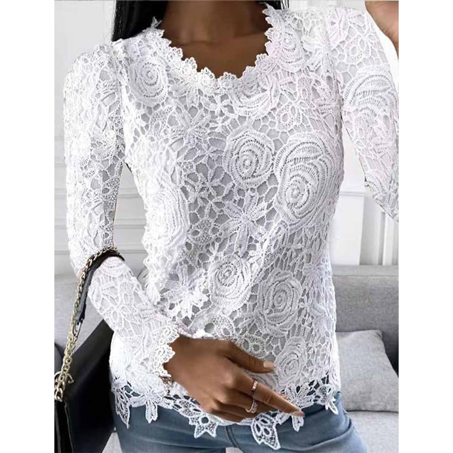 Women's Floral Lace Long Sleeve Blouse Shirt White __stock:200 clothes refund_fee:1200 tops