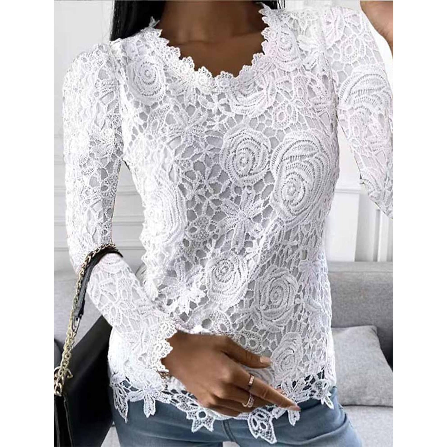 Women's Floral Lace Long Sleeve Blouse Shirt White __stock:200 clothes refund_fee:1200 tops