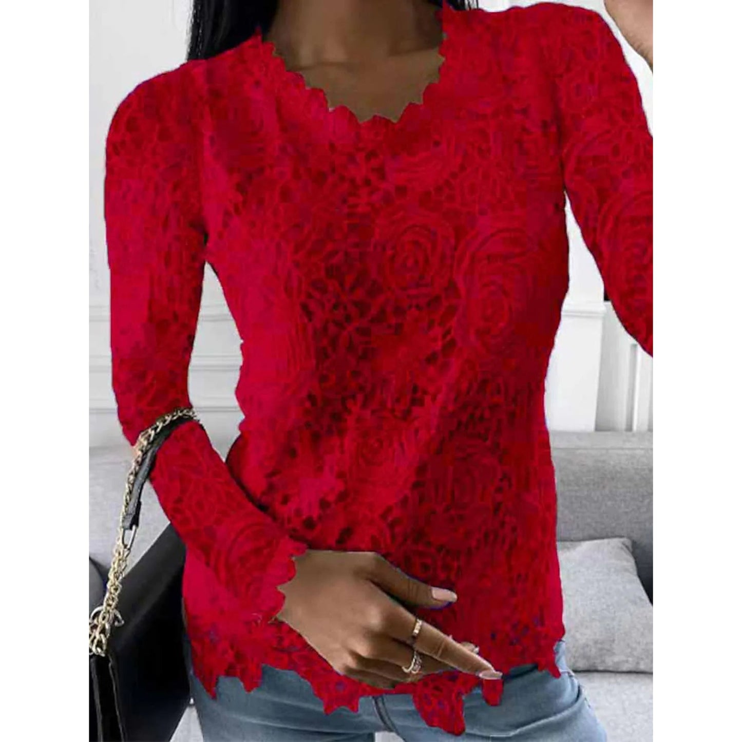 Women's Floral Lace Long Sleeve Blouse Shirt Wine __stock:200 clothes refund_fee:1200 tops