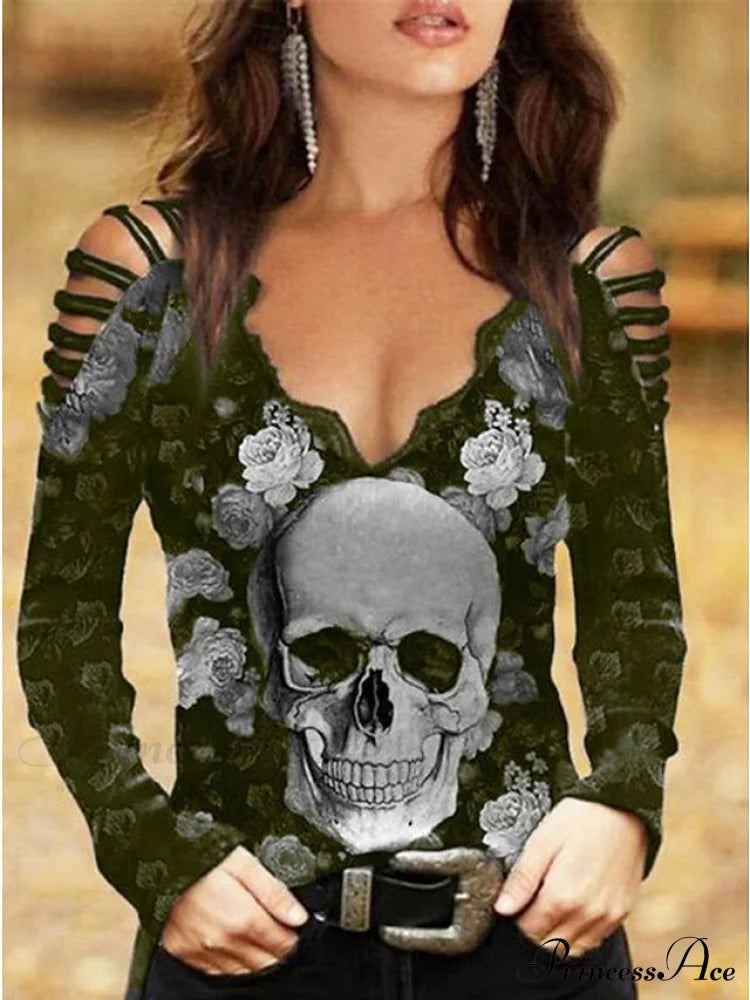 Women’s Flowered Off Skull Design Arm Black Painting Regular Cut Out Going Shoulder Blouse