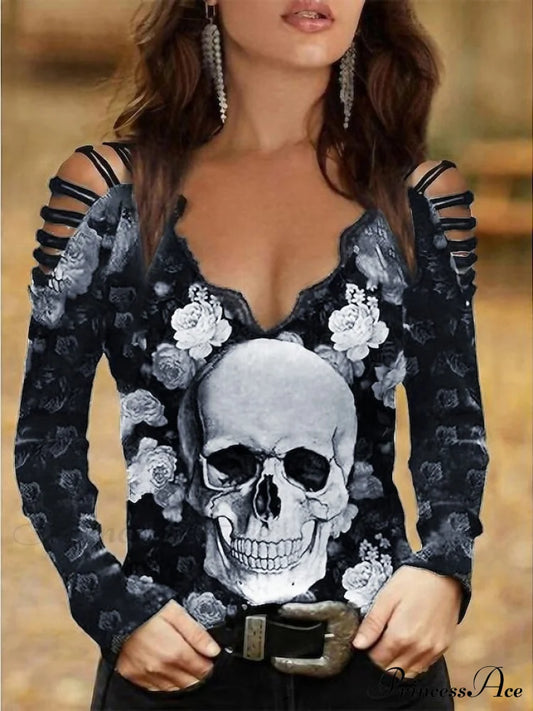 Women’s Flowered Off Skull Design Arm Black Painting Regular Cut Out Going Shoulder Blouse