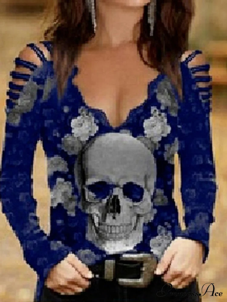 Women’s Flowered Off Skull Design Arm Black Painting Regular Cut Out Going Shoulder Blouse