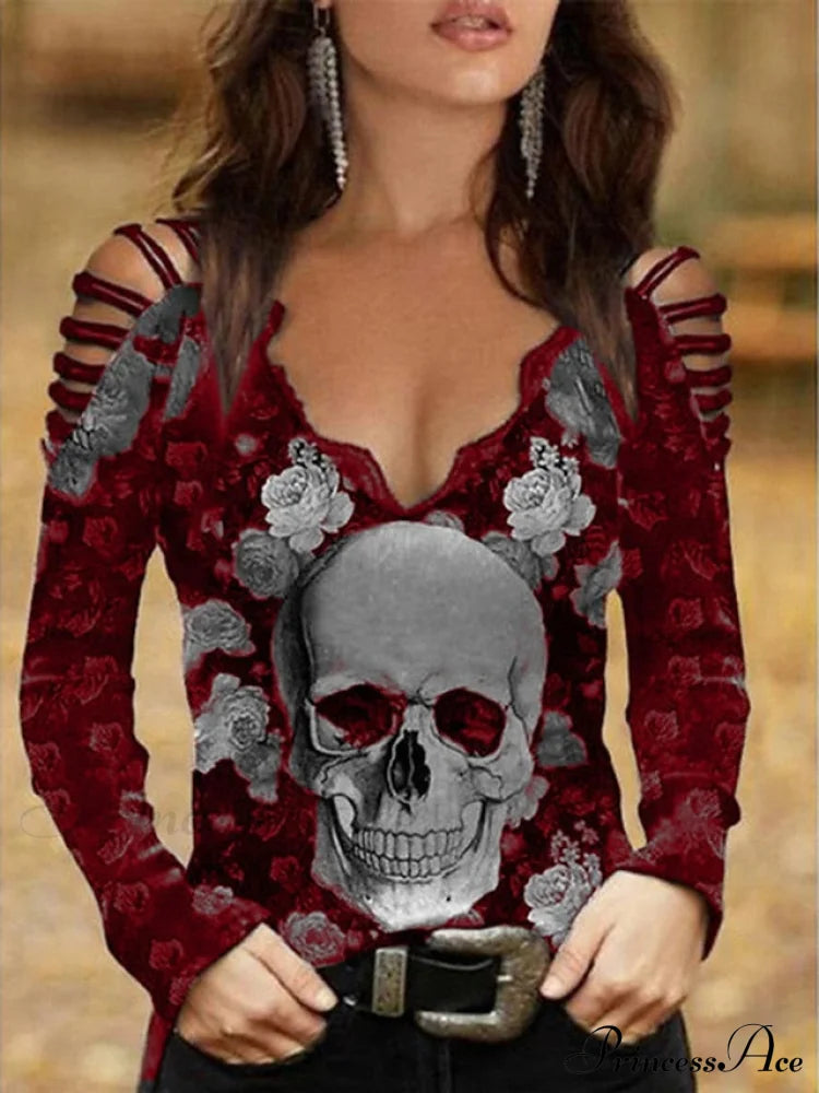 Women’s Flowered Off Skull Design Arm Black Painting Regular Cut Out Going Shoulder Blouse