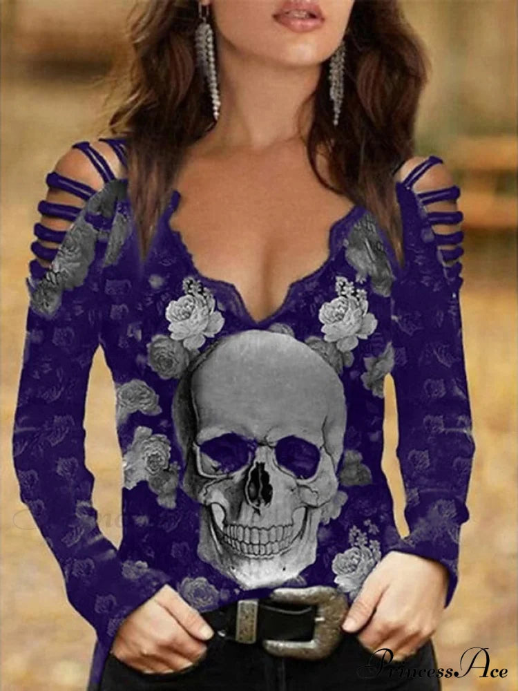 Women’s Flowered Off Skull Design Arm Black Painting Regular Cut Out Going Shoulder Blouse