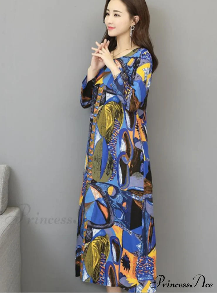 Women’s Full Sleeve Sheath Fashion Dress With Tie Dye Print M / Blue Dresses