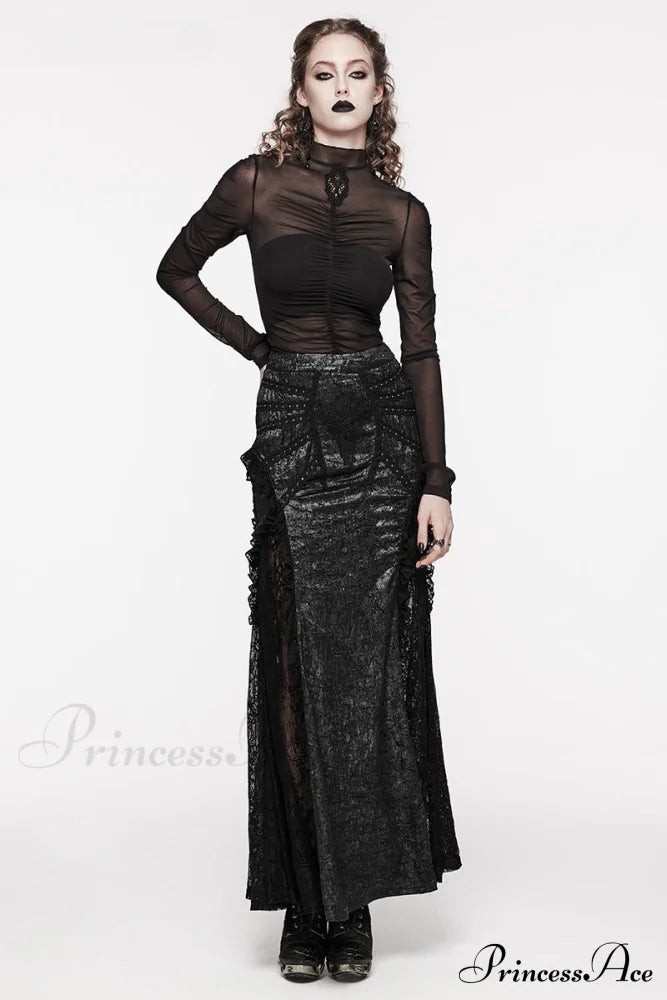 Women’s Gorgeous Textured Gothic Midi Party Club Decoration Sexy Lace Splicing Long Skirt Black /