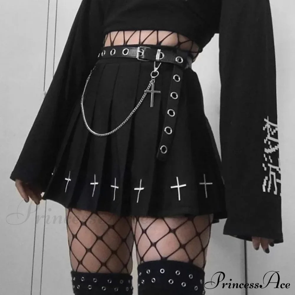 Women’s High Waist Gothic Mini Ladies Cross Pattern Pleated Dark Style Skirt Halloween