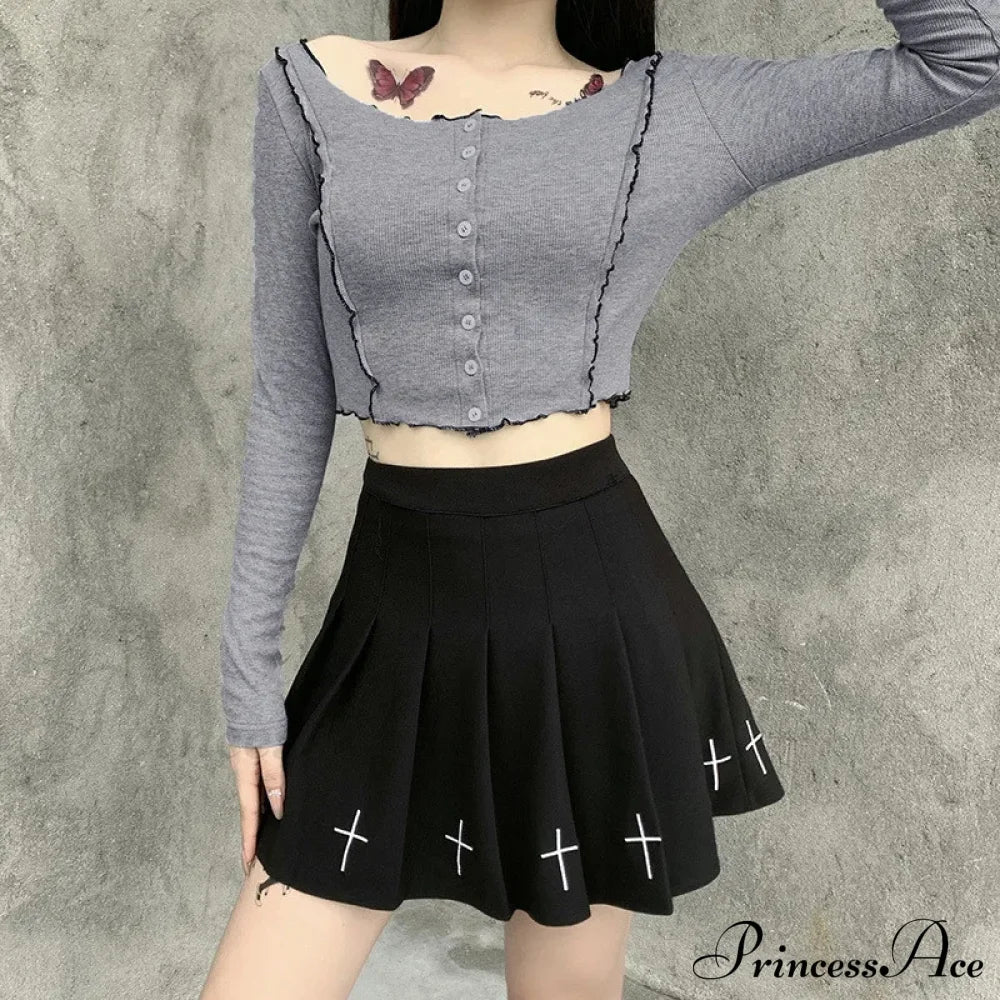 Women’s High Waist Gothic Mini Ladies Cross Pattern Pleated Dark Style Skirt Halloween