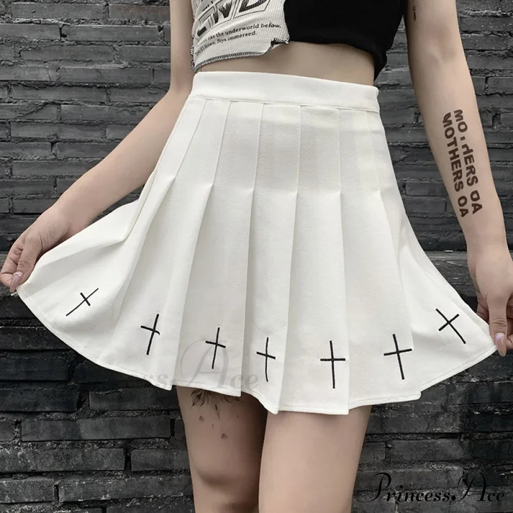 Women’s High Waist Gothic Mini Ladies Cross Pattern Pleated Dark Style Skirt Halloween