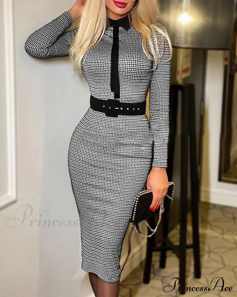 Women’s Houndstooth Print Long Sleeve Work Dress Dresses