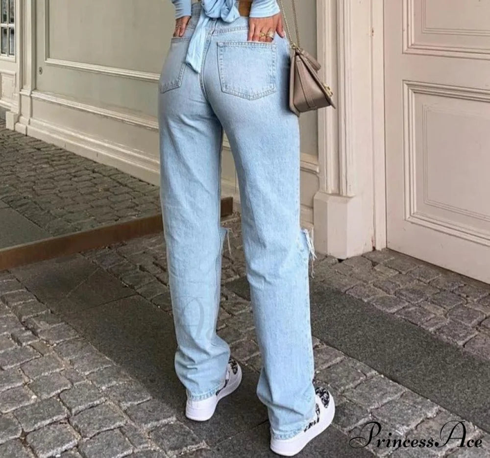 Womens Jeans Blue Cotton Trousers Baggy Wide High Leg Ripped Denim Wash Warm-Season Casual Waist