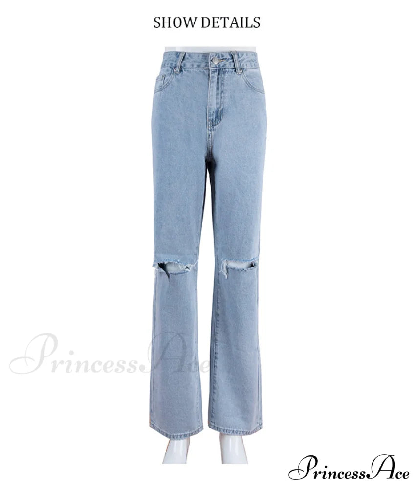 Womens Jeans Blue Cotton Trousers Baggy Wide High Leg Ripped Denim Wash Warm-Season Casual Waist