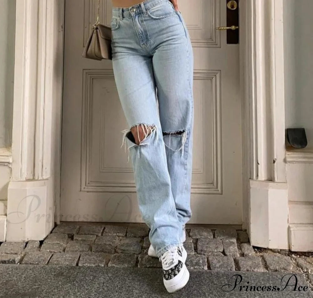 Womens Jeans Blue Cotton Trousers Baggy Wide High Leg Ripped Denim Wash Warm-Season Casual Waist