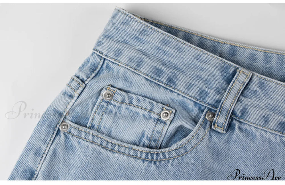 Womens Jeans Blue Cotton Trousers Baggy Wide High Leg Ripped Denim Wash Warm-Season Casual Waist