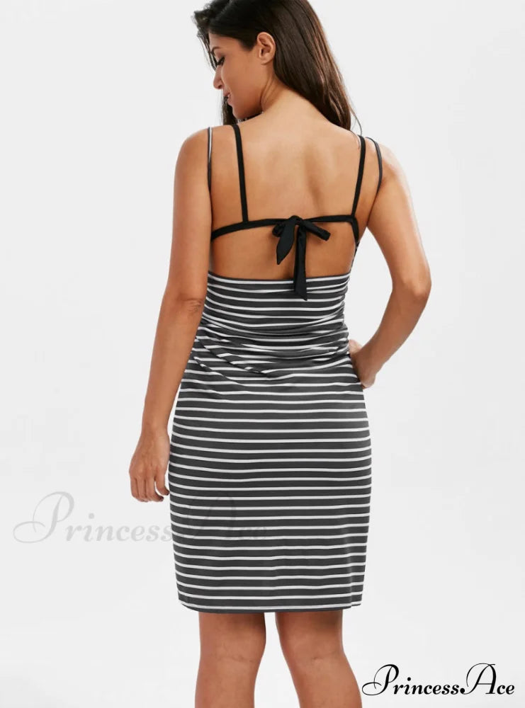 Women’s Knee-Length Striped Dress With V-Neck And Spaghetti Straps M / Black Party Dresses-L