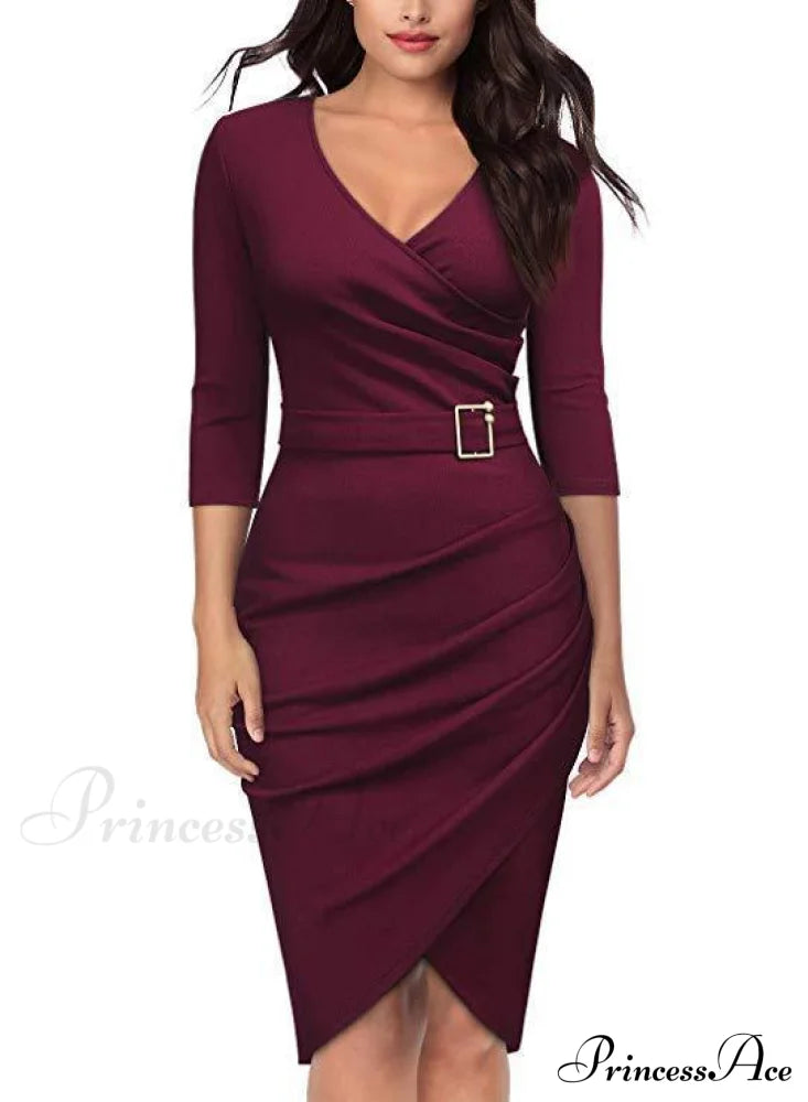 Women’s Knee Party Length V-Neck Elegant Dress Wine Red / S