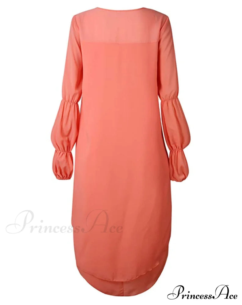 Women’s Lantern Sleeve Round Neck High Low Asymmetrical Hem Casual Blouse Dress L / Orange High