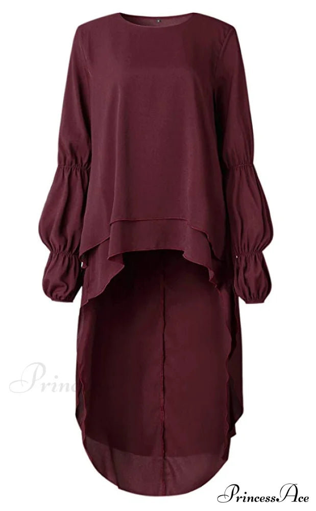 Women’s Lantern Sleeve Round Neck High Low Asymmetrical Hem Casual Blouse Dress M / Wine Red High