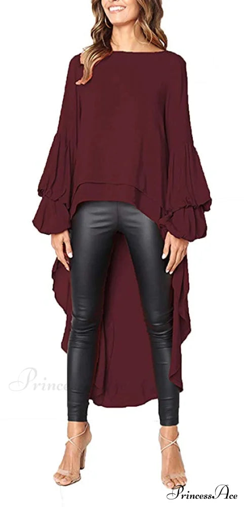 Women’s Lantern Sleeve Round Neck High Low Asymmetrical Hem Casual Blouse Dress S / Wine Red High