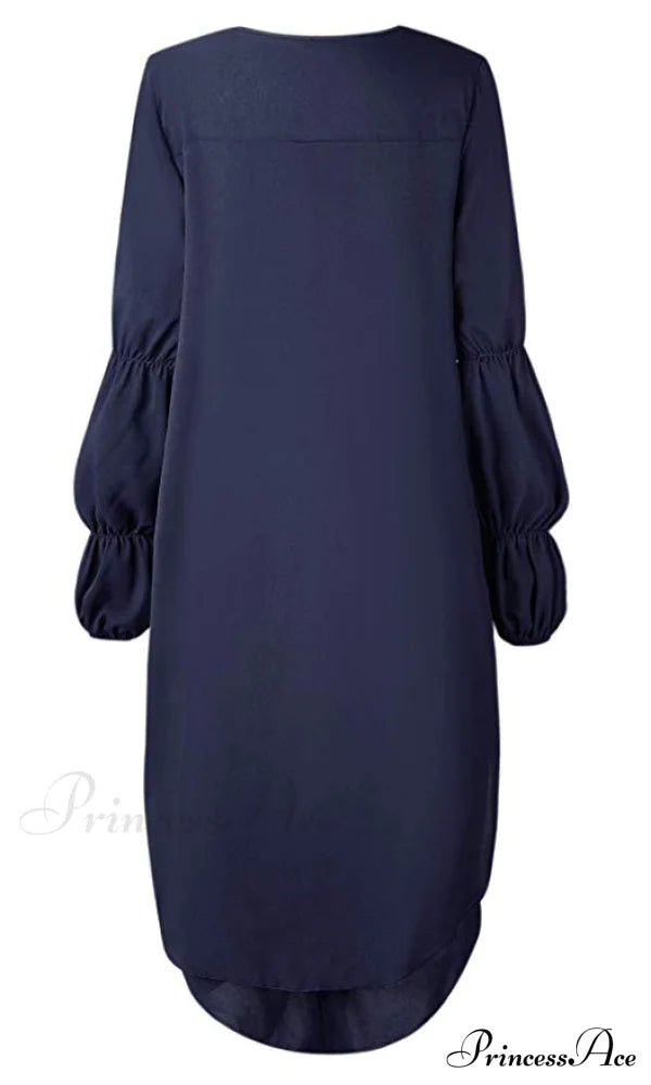 Women’s Lantern Sleeve Round Neck High Low Asymmetrical Hem Casual Blouse Dress Xl / Navy High