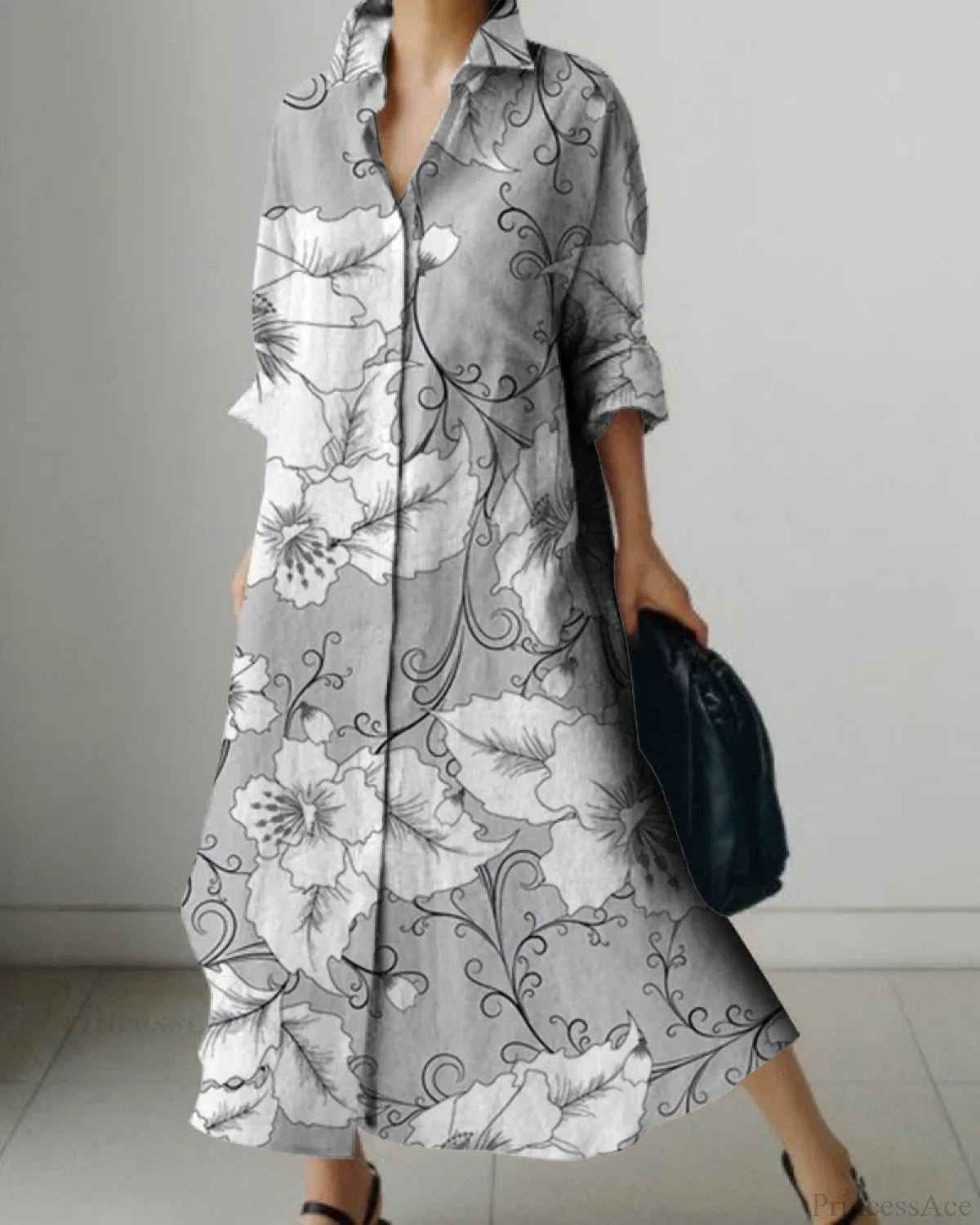 Women’s Lapel Long Sleeve Floral Print Shirt Dress color3 / S oldfloraldress-250126
