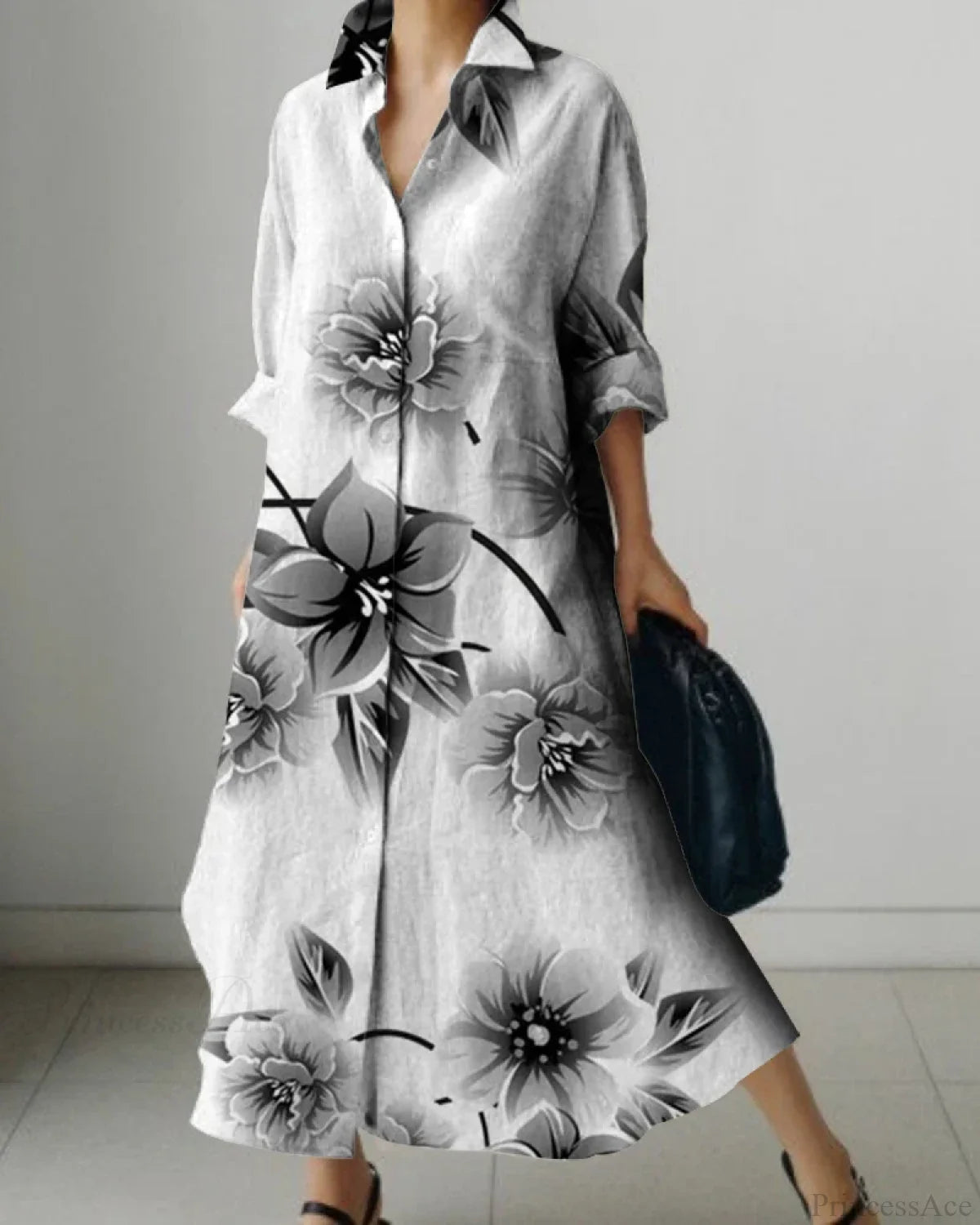 Women’s Lapel Long Sleeve Floral Print Shirt Dress color8 / S oldfloraldress-250126