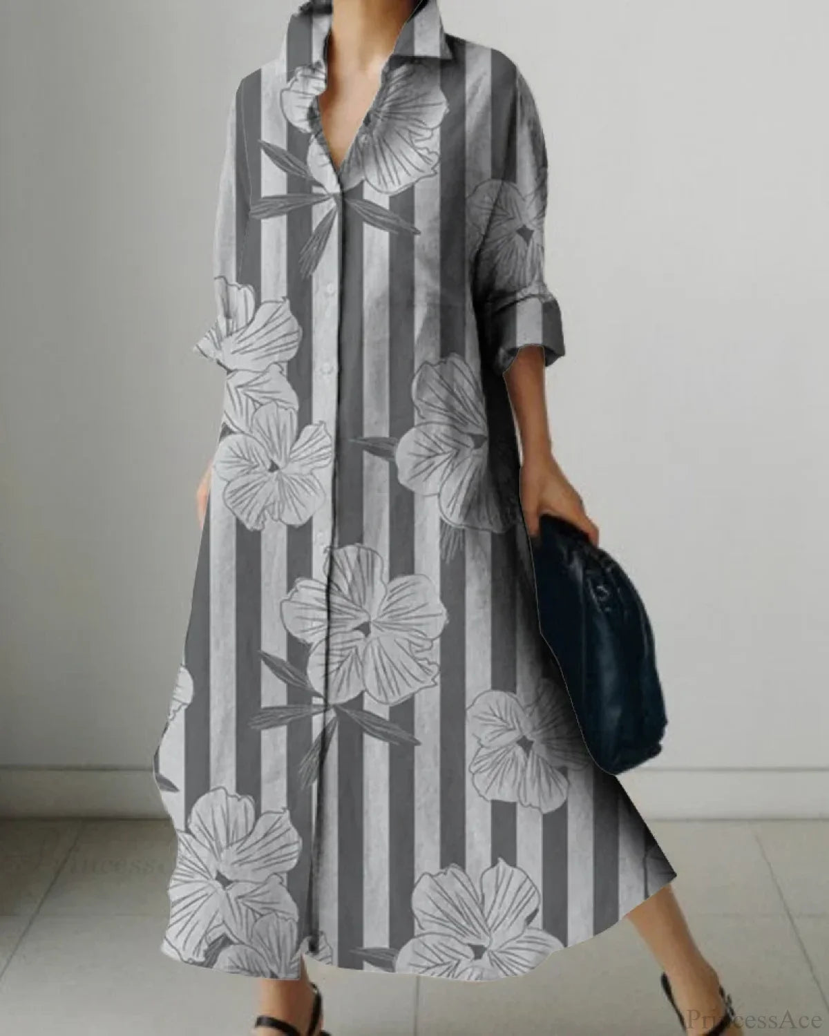 Women’s Lapel Long Sleeve Floral Print Shirt Dress color9 / S oldfloraldress-250126