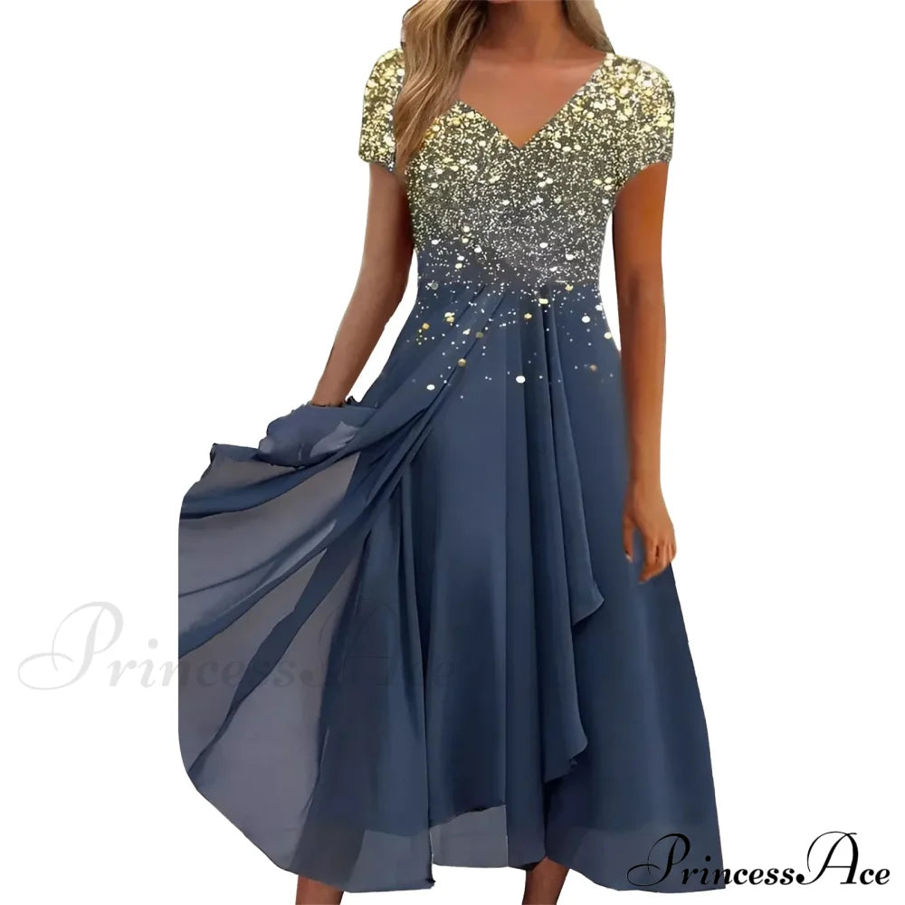 Women’s Long Chiffon Stitching Lace Female Bridesmaids Elegant Maxi Pure Color Round Neck