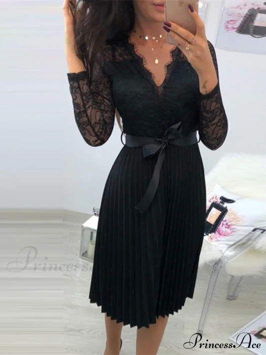 Women’s Long Sleeve Casual Lace Pleated Black Ribbon Hollow Chiffon Midi Dress Dresses