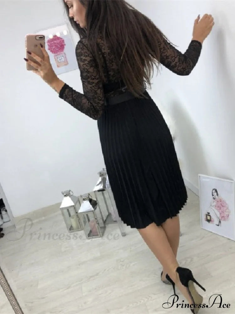 Women’s Long Sleeve Casual Lace Pleated Black Ribbon Hollow Chiffon Midi Dress Dresses