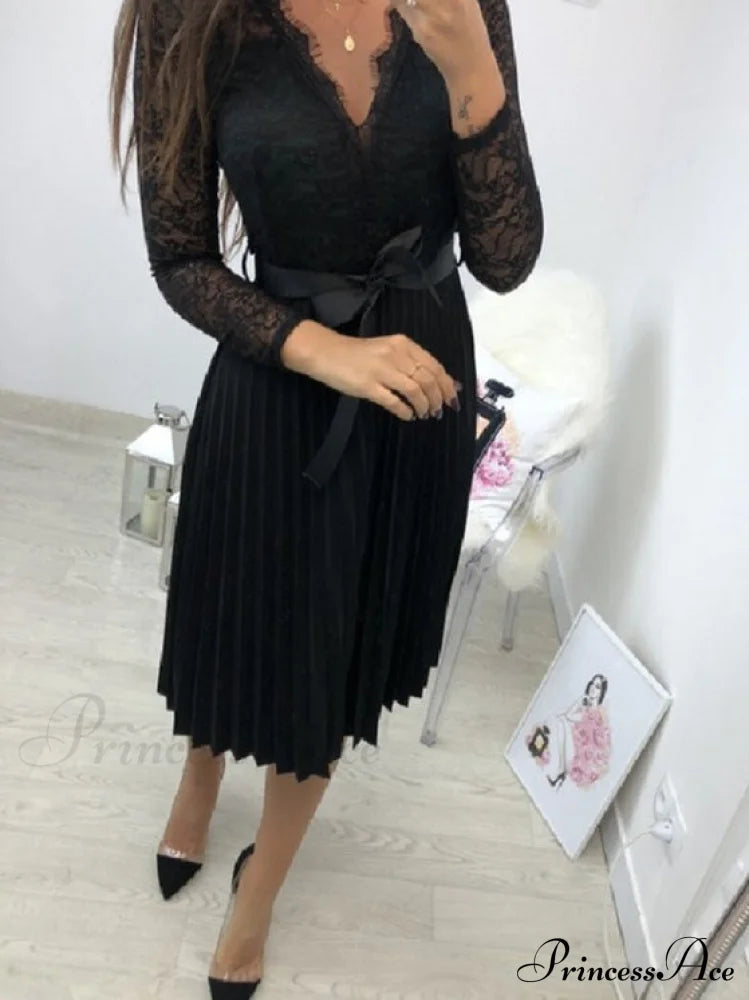 Women’s Long Sleeve Casual Lace Pleated Black Ribbon Hollow Chiffon Midi Dress Dresses