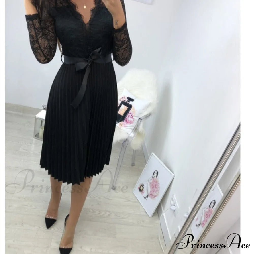 Women’s Long Sleeve Casual Lace Pleated Black Ribbon Hollow Chiffon Midi Dress Dresses