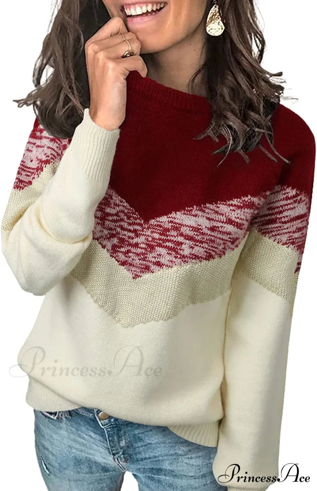 Womens Long Sleeve Crewneck Pullover Knit Jumper Tops B Red / Small Sweaters-L