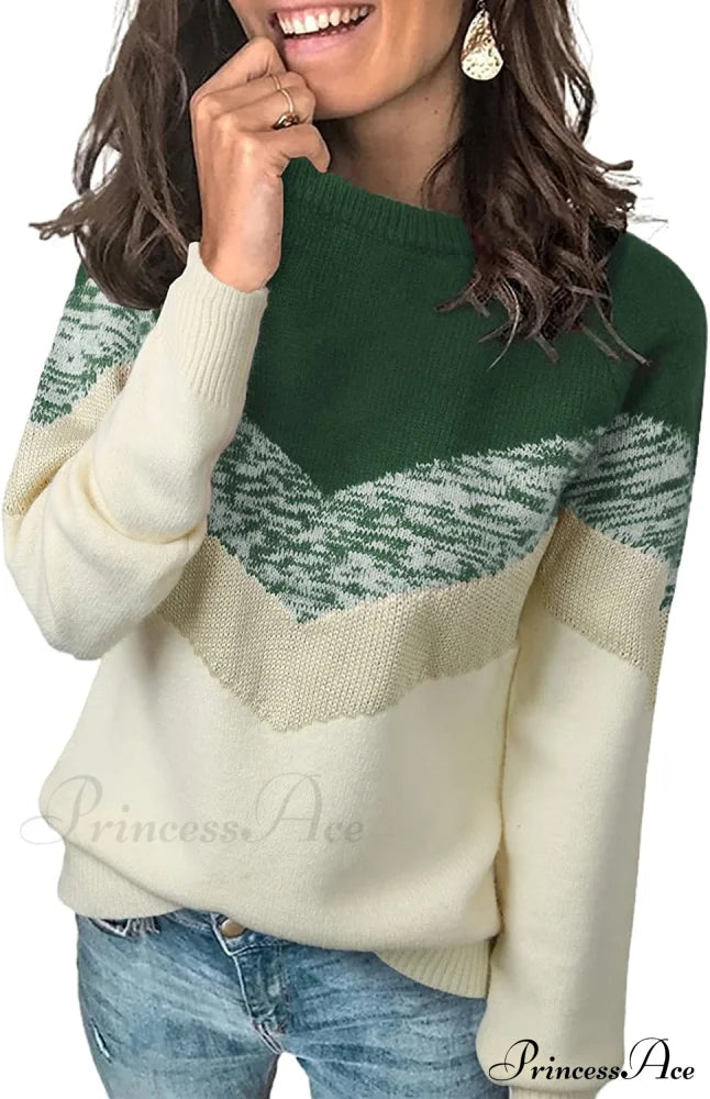 Womens Long Sleeve Crewneck Pullover Knit Jumper Tops B1 Green / Large Sweaters-L